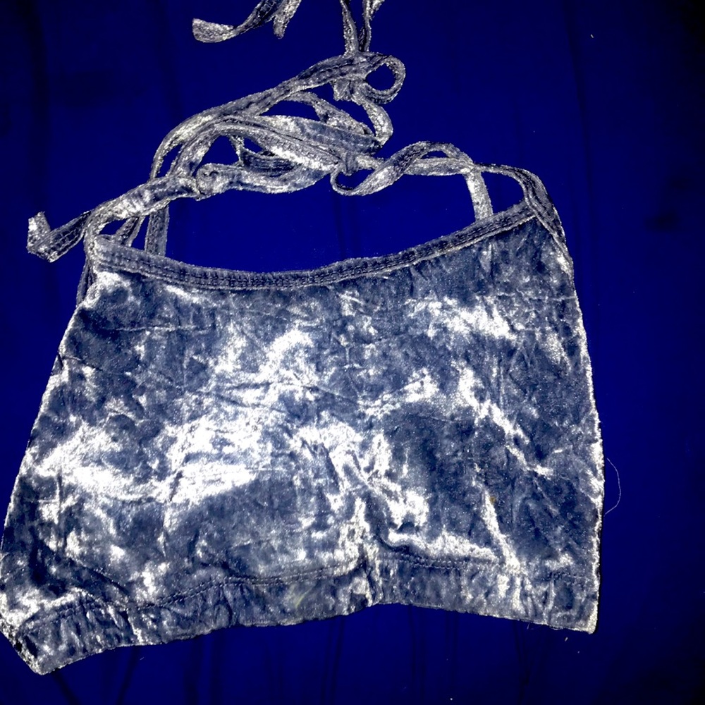 Tiny tie up shirt metallic grayish light blue green.